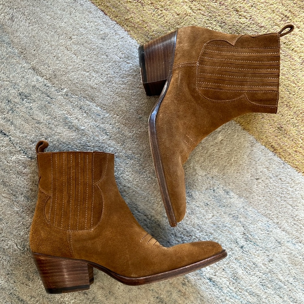 Maje brown suede cowboy western bootie boots block heel brown/tan 37